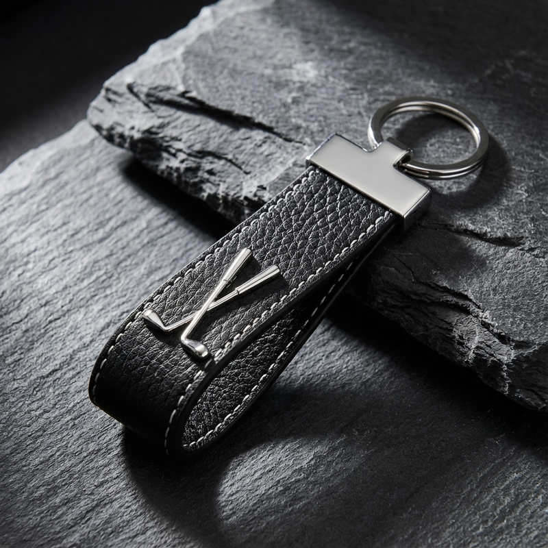 Laden Sie das Bild in den Galerie-Viewer, Golf Schlüsselanhänger Leder &amp; Edelstahl - schwarz