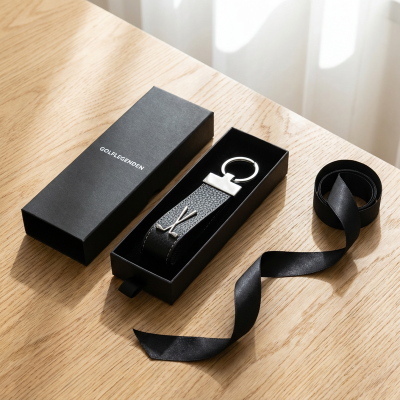 Laden Sie das Bild in den Galerie-Viewer, Golf Schlüsselanhänger Leder &amp; Edelstahl - schwarz