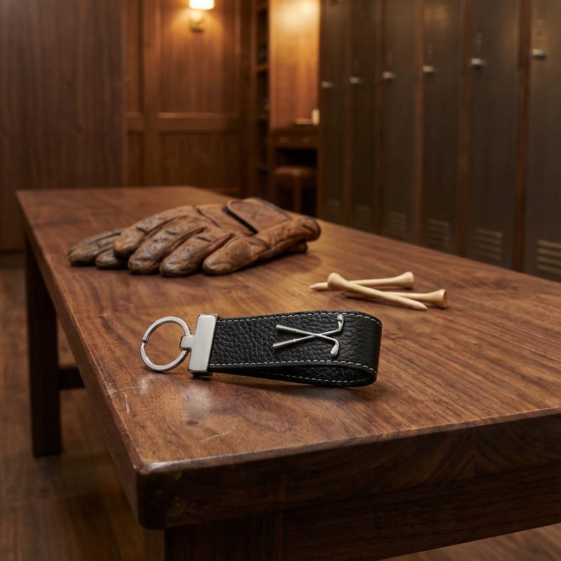 Laden Sie das Bild in den Galerie-Viewer, Golf Schlüsselanhänger Leder &amp; Edelstahl - schwarz