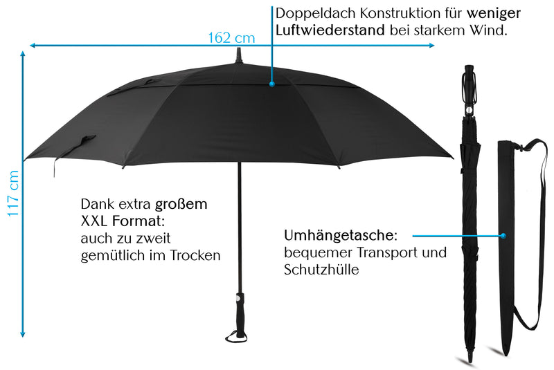 Laden Sie das Bild in den Galerie-Viewer, Golf Regenschirm schwarz XXL Ø162 cm – komplett schwarz &amp; sturmfest ☂️✨ GOLFSCHIRM
